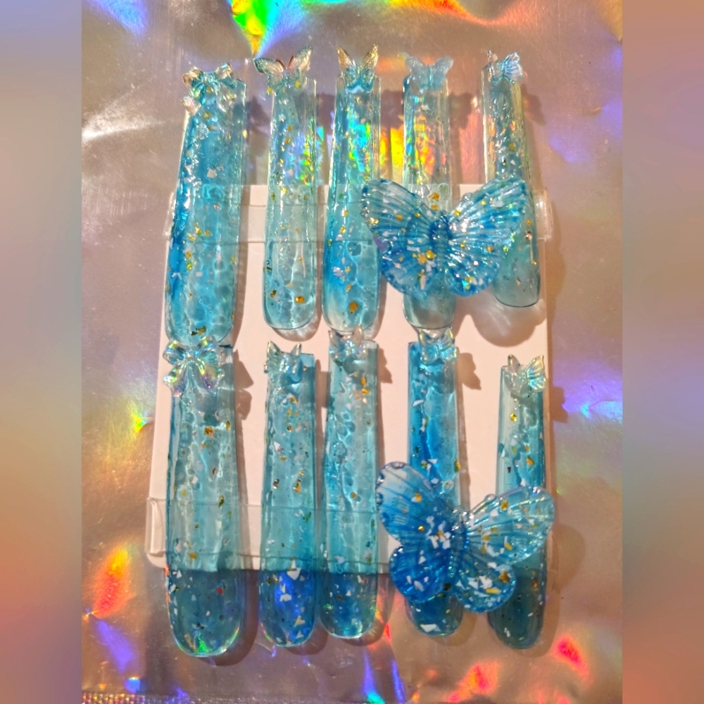 Blue Glitter Butterfly Handmade Designed Press On Nails